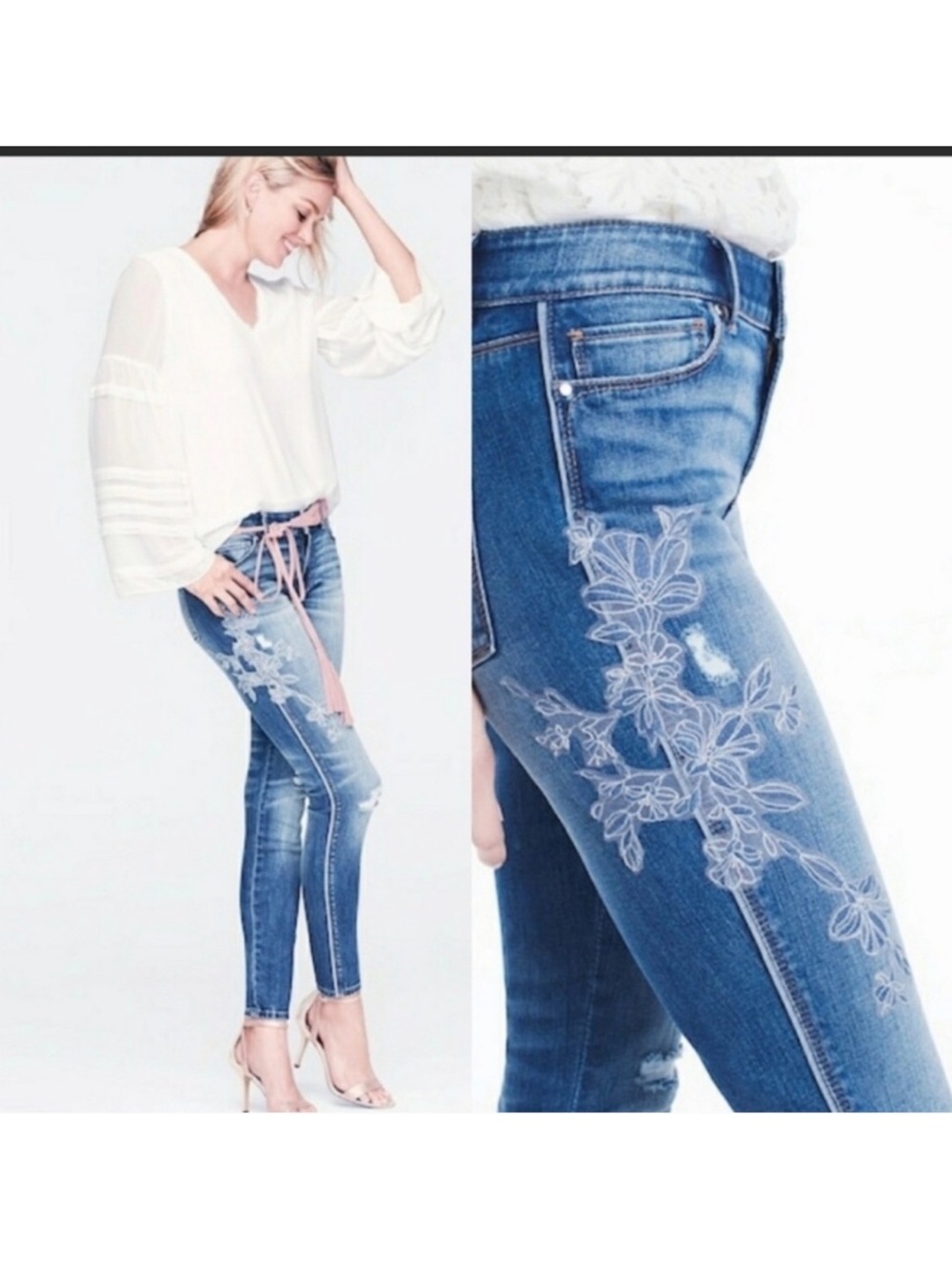 WHBM- Skinny Floral Embroidered Jeans in Blue
